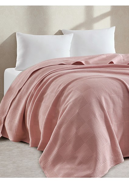 %100 Pamuk Pike Battal Boy Örtü – Karo Desen Pudra Renk, 240X230 cm