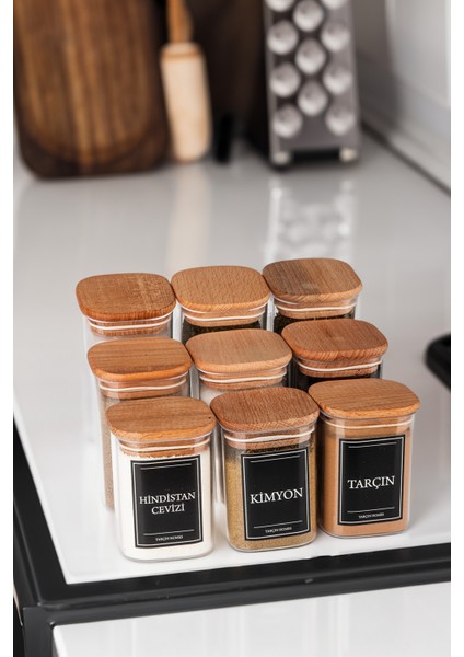 9'lu 200 & 250 & 300 ml Vakumlu Her Boy Ahşap Kapaklı Etiketli Mika Baharatlık Seti Saklama Kabı