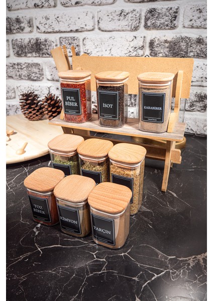 9'lu 200 & 250 & 300 ml Vakumlu Her Boy Ahşap Kapaklı Etiketli Mika Baharatlık Seti Saklama Kabı fiyatları