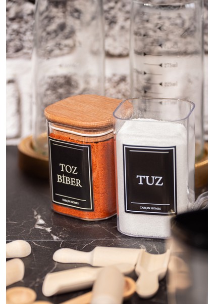 9'lu 200 & 250 & 300 ml Vakumlu Her Boy Ahşap Kapaklı Etiketli Mika Baharatlık Seti Saklama Kabı modelleri