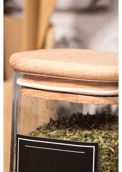 9'lu 200 & 250 & 300 ml Vakumlu Her Boy Ahşap Kapaklı Etiketli Mika Baharatlık Seti Saklama Kabı