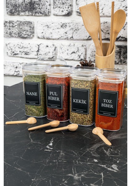 4'lü 300 ml Vakumlu Bambu Kaşıklı Etiketli Mika Baharatlık Seti Saklama Kabı