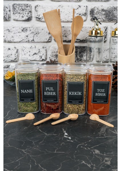 4'lü 300 ml Vakumlu Bambu Kaşıklı Etiketli Mika Baharatlık Seti Saklama Kabı modelleri