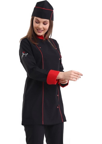 Kadın Aşçı Ceket 01 - Siyah Kırmızı Biye modelleri