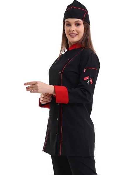 Kadın Aşçı Ceket 01 - Siyah Kırmızı Biye fırsatları