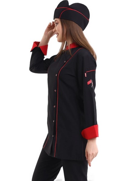 Kadın Aşçı Ceket 01 - Siyah Kırmızı Biye indirimleri