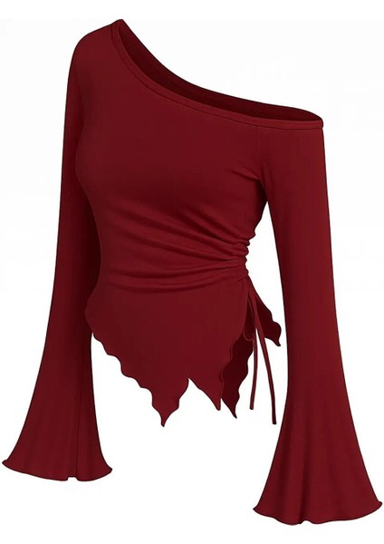 Kadın Bordo Uzun Ispanyol Kollu Asimetirik Yaka Yandan Bağlamalı Drapeli Bluz