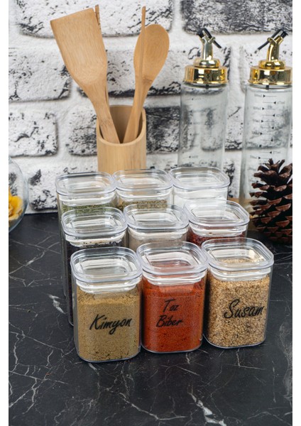9'lu 200 & 250 & 300 ml Vakumlu Her Boy Şeffaf Etiketli Akrilik Baharatlık Seti Saklama Kabı Kavanoz