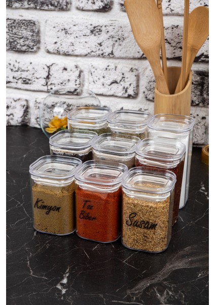 9'lu 200 & 250 & 300 ml Vakumlu Her Boy Şeffaf Etiketli Akrilik Baharatlık Seti Saklama Kabı Kavanoz fiyatları