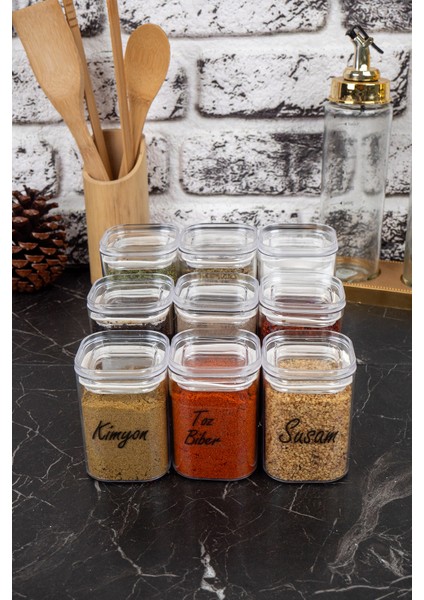 9'lu 200 & 250 & 300 ml Vakumlu Her Boy Şeffaf Etiketli Akrilik Baharatlık Seti Saklama Kabı Kavanoz modelleri