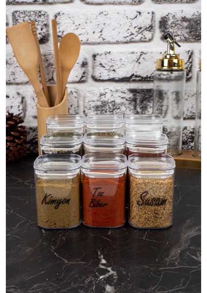 9'lu 200 & 250 & 300 ml Vakumlu Her Boy Şeffaf Etiketli Akrilik Baharatlık Seti Saklama Kabı Kavanoz fırsatları