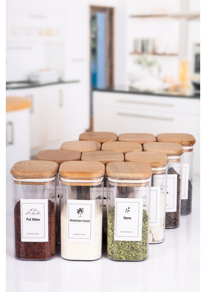 12 Li Kare Ahşap Vakumlu Kapaklı Akrilik Baharatlık Seti 300 ml Etiket Hediyeli