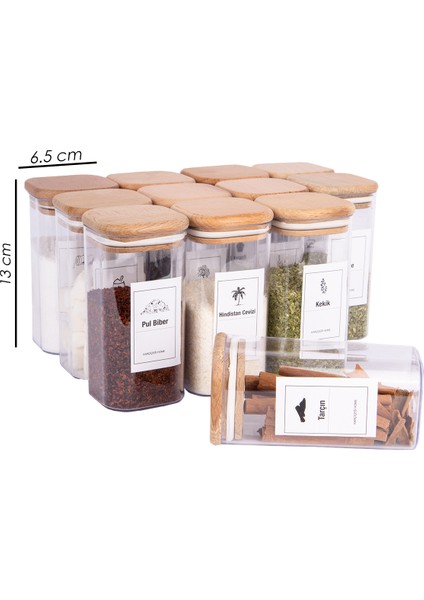 12 Li Kare Ahşap Vakumlu Kapaklı Akrilik Baharatlık Seti 300 ml Etiket Hediyeli fiyatları