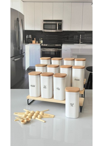 12'li 300 ml Bambu Stantlı Vakumlu Ahşap Kapaklı Porselen Görünümlü Akrilik Baharatlık Kaşık Etiket