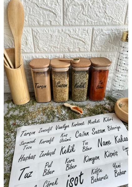 4'lü 300 ml Vakumlu Ahşap Kapaklı Şeffaf Etiketli Baharatlık Takımı Saklama Kabı
