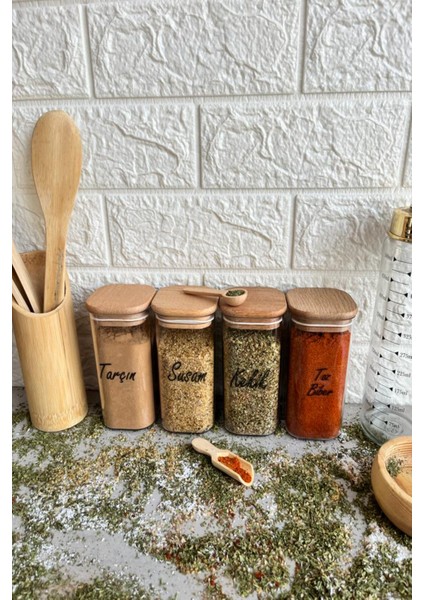 4'lü 300 ml Vakumlu Ahşap Kapaklı Şeffaf Etiketli Baharatlık Takımı Saklama Kabı fiyatları