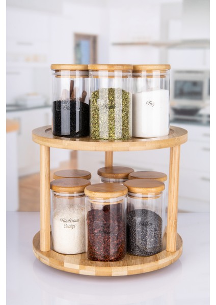 13 Parça Etiketli Vakumlu Bambu Kapaklı 2 Katlı 360 Döner Bambu Stantlı Borosilikat Cam Baharatlık