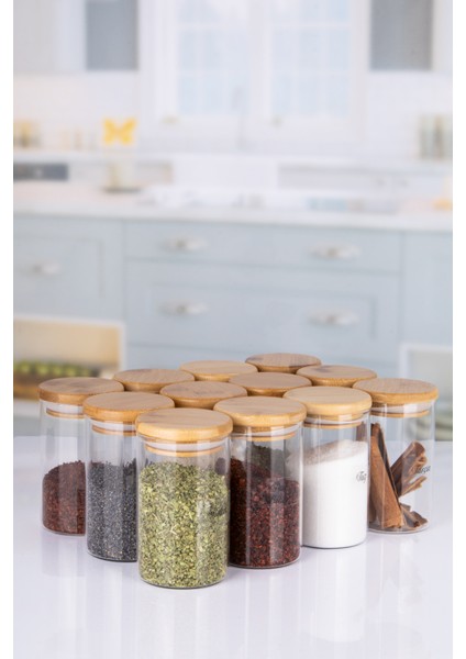 13 Parça Etiketli Vakumlu Bambu Kapaklı 2 Katlı 360 Döner Bambu Stantlı Borosilikat Cam Baharatlık modelleri