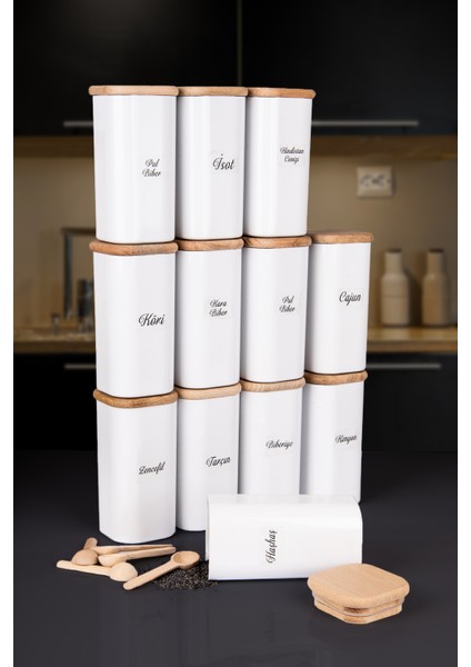 12'li 250 ml Vakumlu Bambu Ahşap Kapaklı Porselen Görünümlü Akrilik Baharatlık Kaşık Etiket Hediyeli
