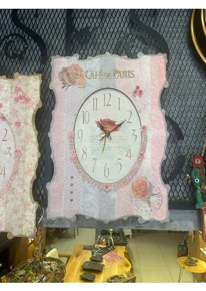 Pembe Dekoratif Duvar Saati Ahşap Shabby Chıc