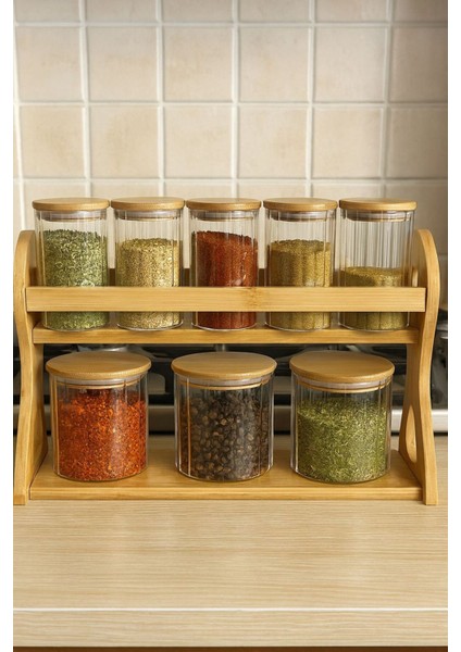 8'li Bambu Standlı Cam Baharatlık Seti, Tezgah Üstü Dekoratif Standlı Cam Baharatlık Takım