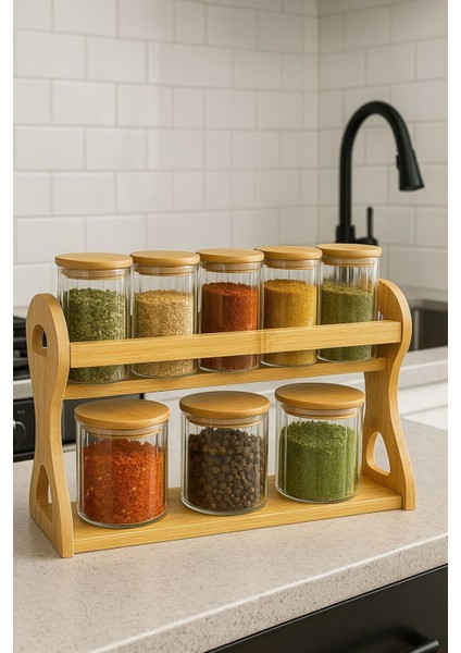 8'li Bambu Standlı Cam Baharatlık Seti, Tezgah Üstü Dekoratif Standlı Cam Baharatlık Takım fiyatları