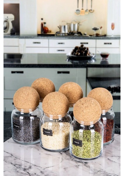 6'lı Top Kapaklı Baharatlık Seti Cam Kavanoz Seti Saklama Kabı Kaşık ve Etiket Hediyeli 300 ml