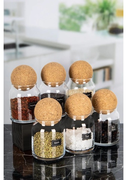 6'lı Top Kapaklı Baharatlık Seti Cam Kavanoz Seti Saklama Kabı Kaşık ve Etiket Hediyeli 300 ml fiyatları