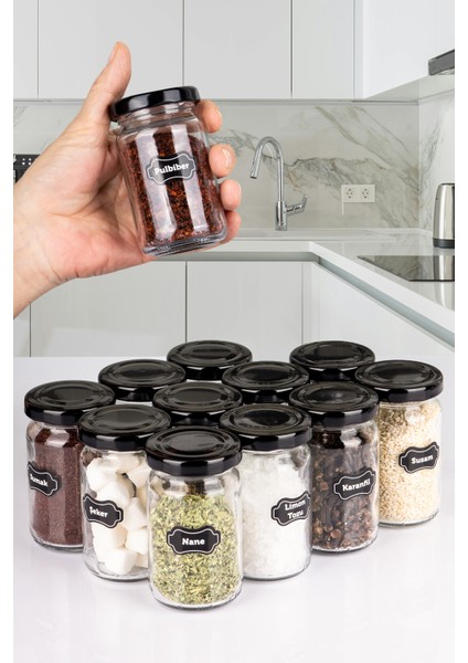 12'li Siyah Metal Kapaklı 105 ml Sızdırmaz Cam Kavanoz Mini Baharatlık 85 Adet Etiket Hediyeli
