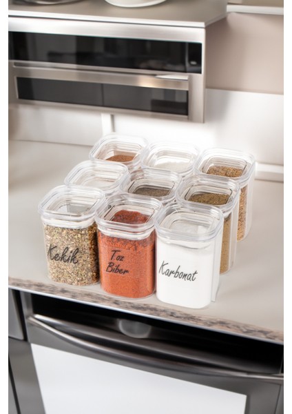 9'lu 200 ml Vakumlu Sızdırmaz Şeffaf Etiketli Akrilik Baharatlık Seti Saklama Kabı Kavanoz
