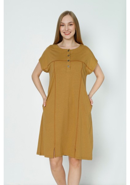 Kadın Düğmeli Kısa Kollu Yırtmaç Detaylı Pamuklu Elbise