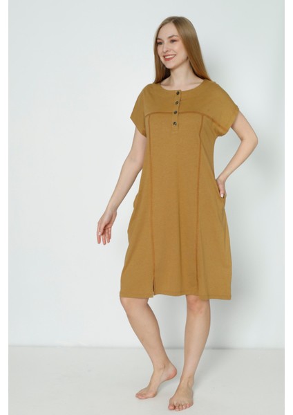 Kadın Düğmeli Kısa Kollu Yırtmaç Detaylı Pamuklu Elbise fiyatları
