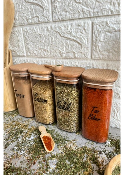 4'lü 300 ml Vakumlu Ahşap Kapaklı Şeffaf Etiketli Baharatlık Takımı Saklama Kabı modelleri