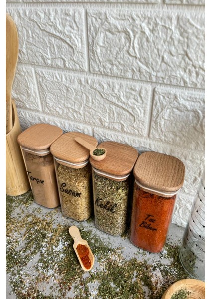 4'lü 300 ml Vakumlu Ahşap Kapaklı Şeffaf Etiketli Baharatlık Takımı Saklama Kabı fırsatları