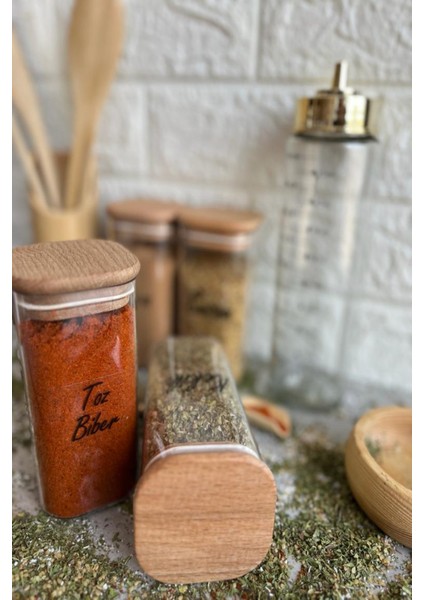 4'lü 300 ml Vakumlu Ahşap Kapaklı Şeffaf Etiketli Baharatlık Takımı Saklama Kabı