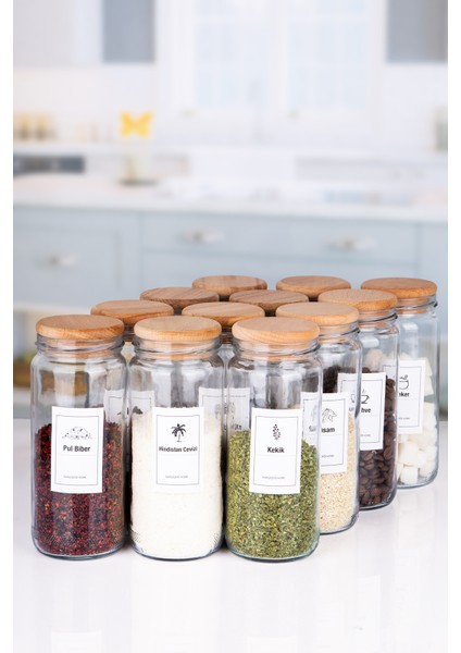 12'li Ahşap Bambu Vakumlu Kapaklı 500 ml Boru Cam Kavanoz Jumbo Baharatlık 18 Adet Etiket Hediyeli