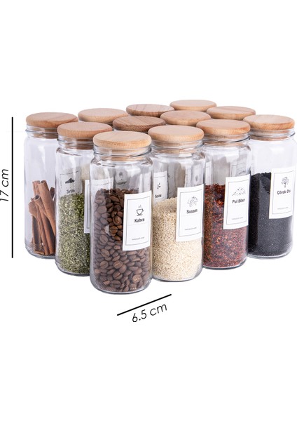 12'li Ahşap Bambu Vakumlu Kapaklı 500 ml Boru Cam Kavanoz Jumbo Baharatlık 18 Adet Etiket Hediyeli fiyatları