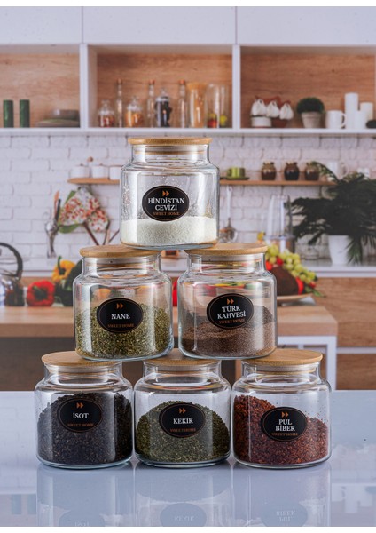 6’lı Bambu Kapaklı, Etiket Hediyeli Baharatlık Takımı Baharat Seti 500ML