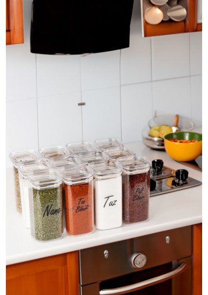 12'li 300 ml Vakumlu Şeffaf Etiketli Mika Baharatlık Seti Saklama Kabı