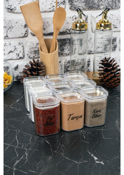 9'lu 200 ml Vakumlu Sızdırmaz Şeffaf Etiketli Akrilik Baharatlık Seti Saklama Kabı Kavanoz