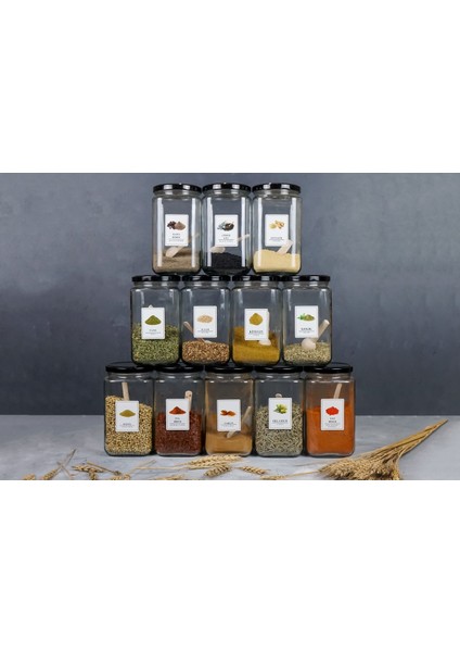 12’li Metal Kapaklı Kaşıklı Etiketli Cam Baharatlık Kavanozu 850 ml