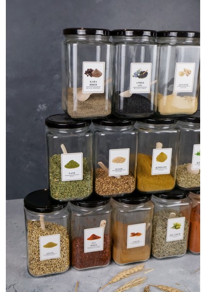 12’li Metal Kapaklı Kaşıklı Etiketli Cam Baharatlık Kavanozu 850 ml modelleri
