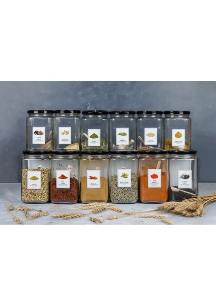 12’li Metal Kapaklı Kaşıklı Etiketli Cam Baharatlık Kavanozu 850 ml fırsatları