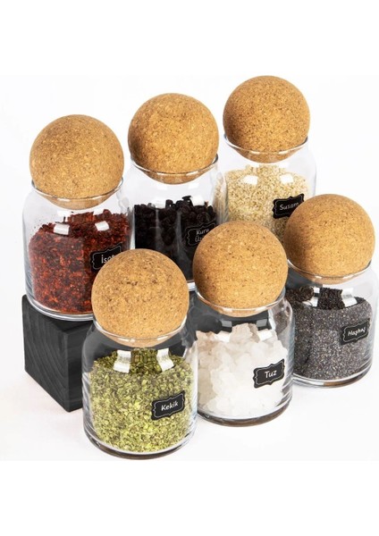 6'lı Top Kapaklı Baharatlık Seti Cam Kavanoz Seti Saklama Kabı Kaşık ve Etiket Hediyeli 300 ml modelleri