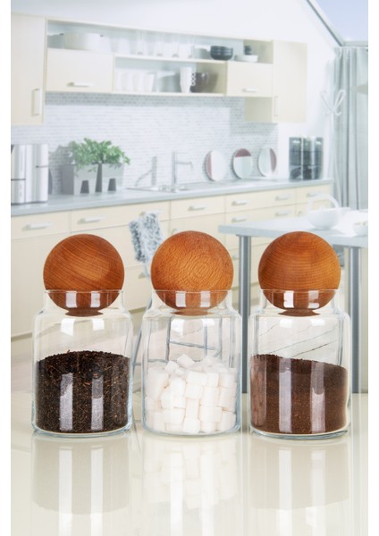 3'lü 1000 ml Ahşap Top Kapaklı Cam Kavanoz Seti Çerezlik Baharatlık Mantar Top Kapaklı Saklama Kabı