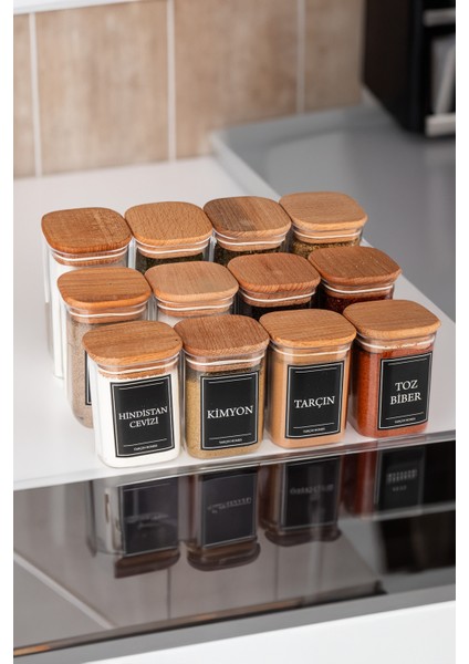 12'li 200 & 250 & 300 ml Vakumlu Ahşap Kapaklı Etiketli Mika Baharatlık Seti Saklama Kabı