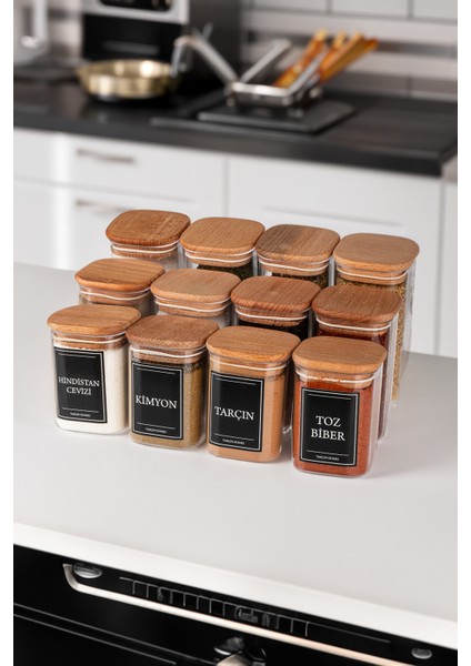 12'li 200 & 250 & 300 ml Vakumlu Ahşap Kapaklı Etiketli Mika Baharatlık Seti Saklama Kabı fiyatları