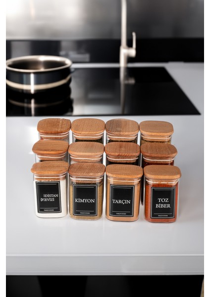 12'li 200 & 250 & 300 ml Vakumlu Ahşap Kapaklı Etiketli Mika Baharatlık Seti Saklama Kabı modelleri