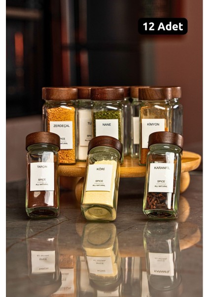 Akasya Kapaklı Cam Baharatlık Seti 12'li (120 Ml) - Hava ve Nem Koruması Şık ve Saklama Düzenleme