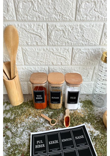 3'lü 300 ml Ahşap Kapaklı Vakumlu Etiketli Akrilik Baharatlık Takımı